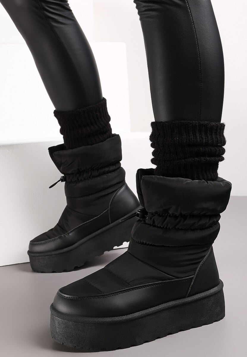 Czarne Śniegowce ze Ściągaczem na Grubej Podeszwie Lunne