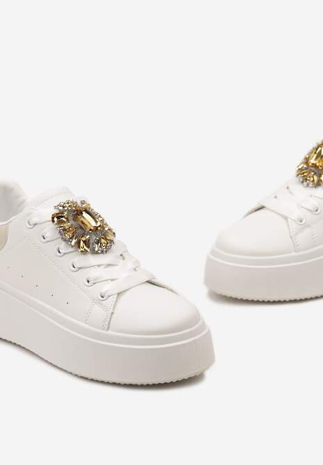 Biało-Beżowe Sneakersy na Grubej Podeszwie z Ozdobną Aplikacją Kamienia  Danthia