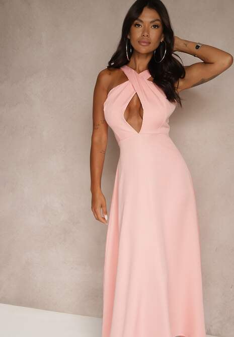 Różowa Koktajlowa Sukienka z Wiskozą i Dekoltem Halter Dolmanna