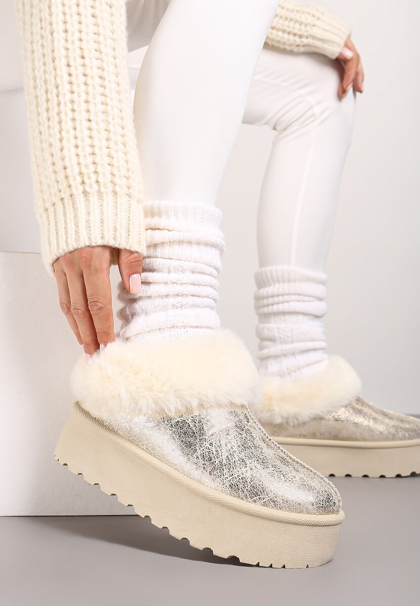 Złote Krótkie Śniegowce Wsuwane na Grubej Podeszwie Ozdobione Futerkiem Azida