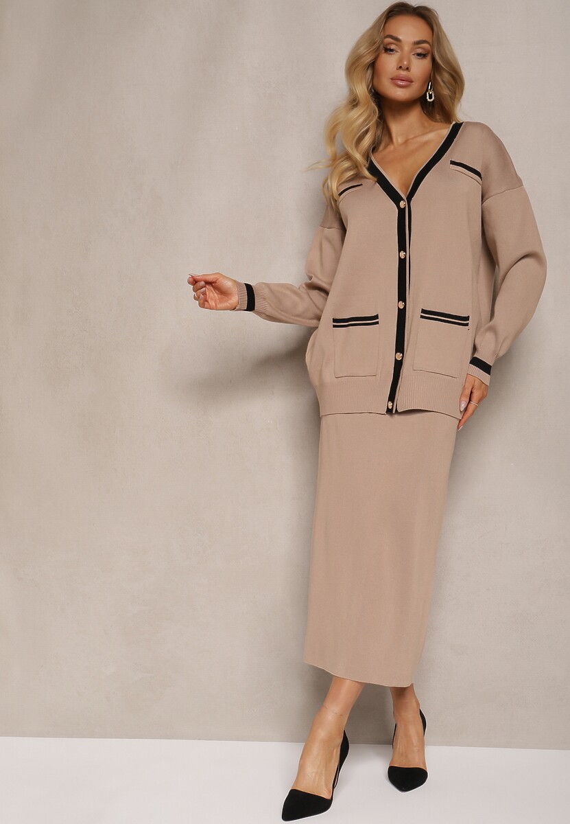 Czarny Wiskozowy Komplet Kardigan na Guziki z Lamówką i Dopasowana Spódnica Tamorin