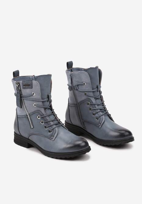 Niebieskie Botki Typu Trapery Ozdobione Wstawką z Ekozamszu i Suwakiem Debisha