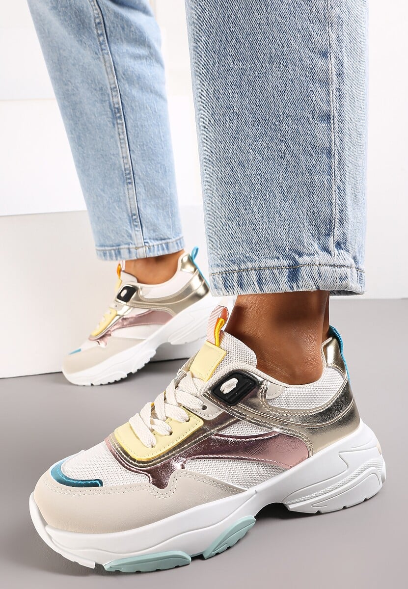Biało-Złote Sneakersy z Metalicznymi Wstawkami na Grubej Podeszwie Tahara