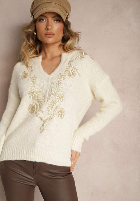 Jasnobeżowy Sweter z Wełną i Metalicznym Wzorem w Kwiaty Senithea
