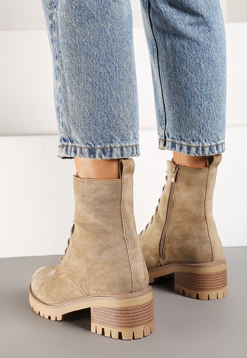 Beżowe Botki ze Sznurowaniem Ditra