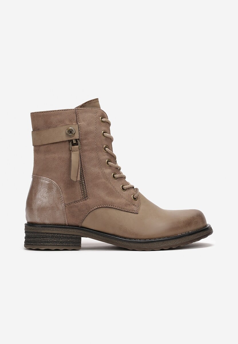 Ciemnobeżowe Botki Workery Ozdobione Suwakiem i Wstawkami z Imitacji Zamszu Esanotte