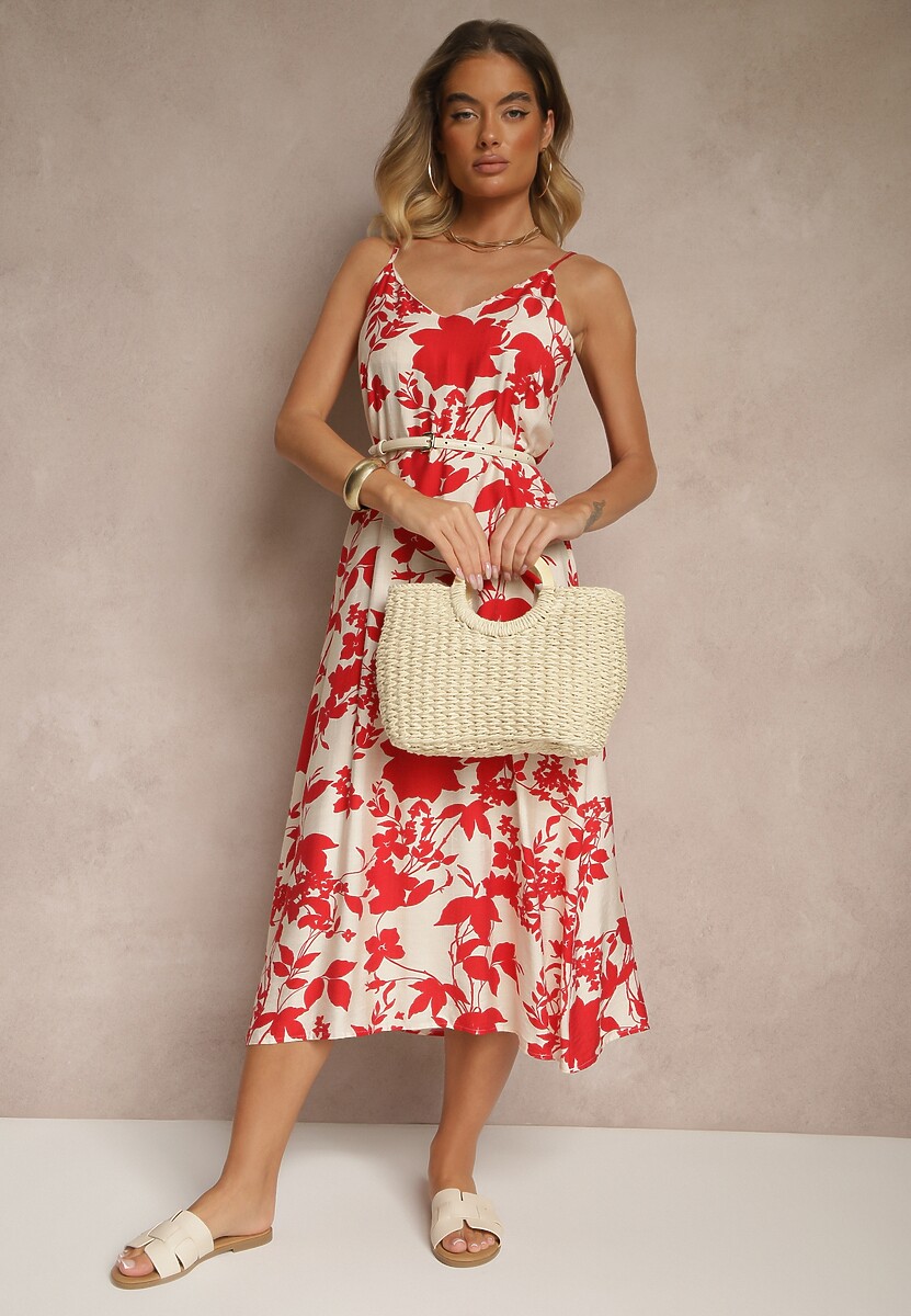 Czerwona Sukienka z Wiskozą o Rozkloszowanym Kroju w Kwiaty Thirimi