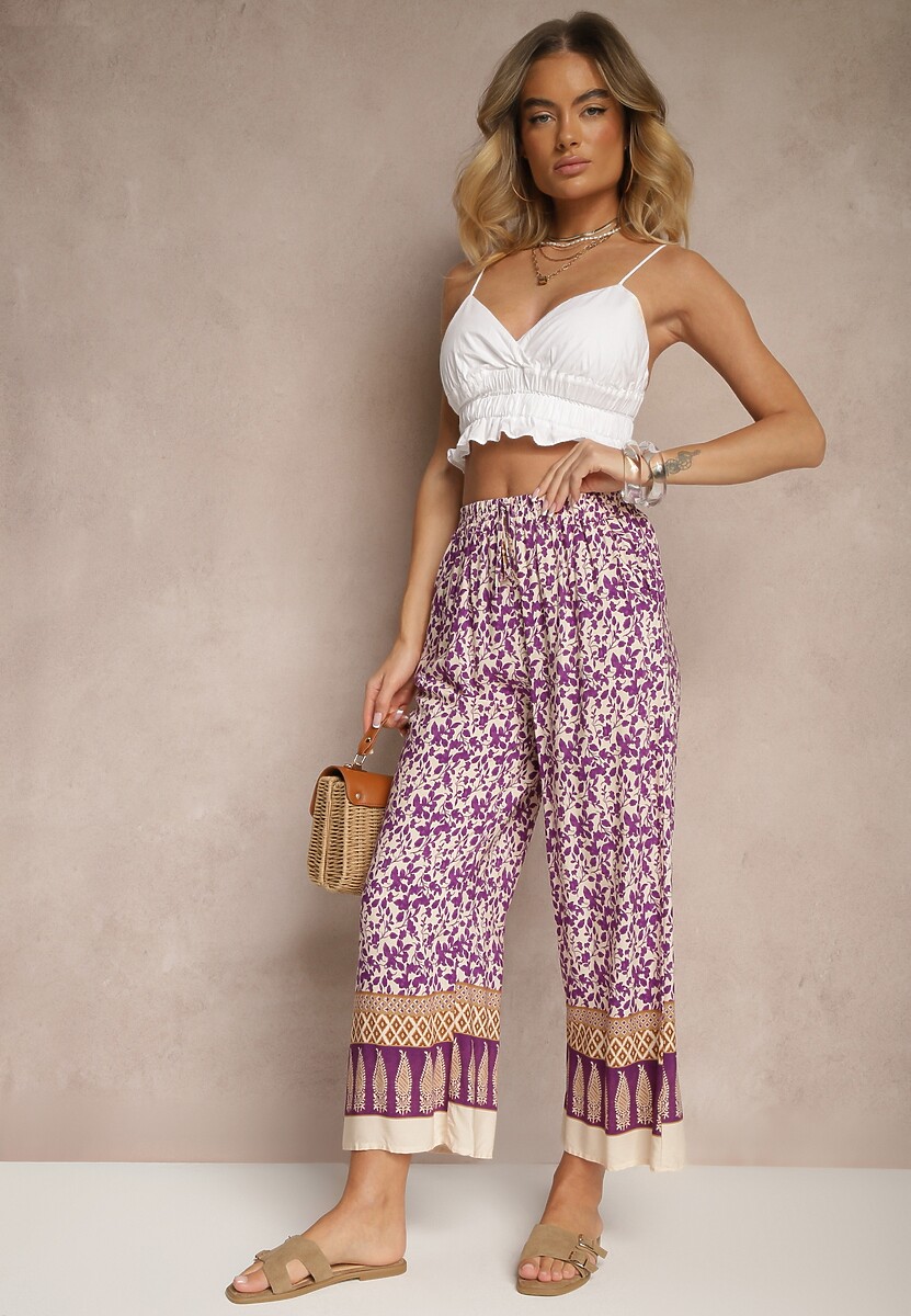 Fioletowe Spodnie z Bawełny High Waist z Abstrakcyjnym Wzorem Lisathiela
