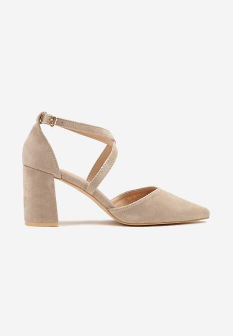 Ciemnobeżowe Czółenka Vices na Słupku ze Skórzaną Wkładką Ozdobione Paskami Learelia