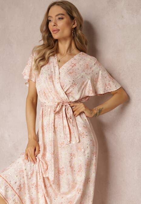 Jasnobeżowa Wiskozowa Sukienka z Metalicznym Wzorem i Gumką w Pasie Carinalia