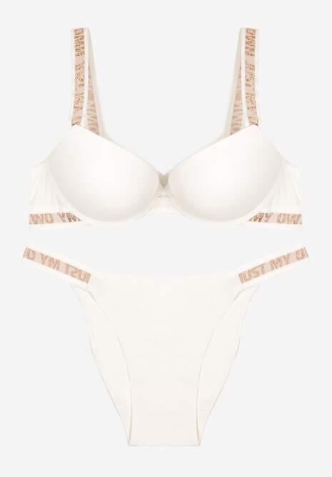 Jasnobeżowy Komplet Ozdobiony Napisami z Biustonoszem z Efektem Push-Up i Majtkami Bralicia