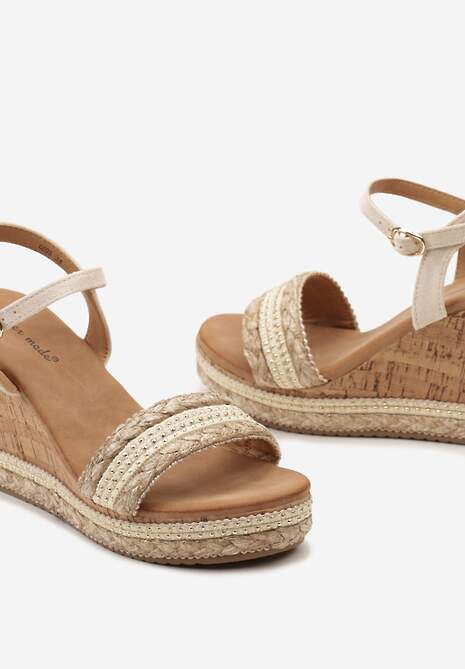 Beżowe Plecione Sandały na Koturnie z Korka z Minimalistycznymi Nitami Farasha