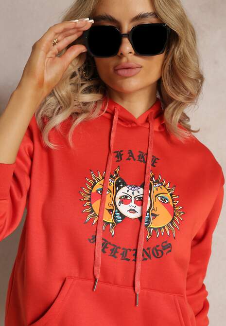 Pomarańczowa Bluza Kangurka z Nadrukiem i Kapturem Uvella