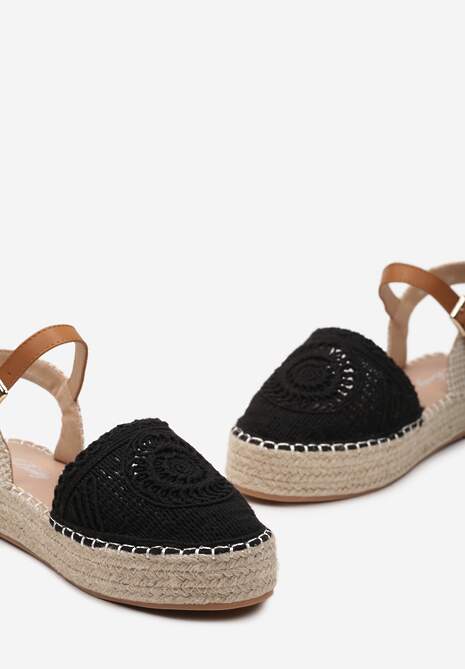 Czarne Espadryle na Niskiej Platformie z Plecionki Zapinane na Sprzączkę Riskada
