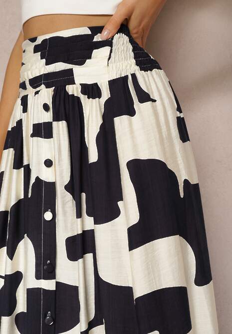 Biało-Granatowa Rozkloszowana Spódnica High Waist z Gumką w Talii i Guzikami Tinasshi