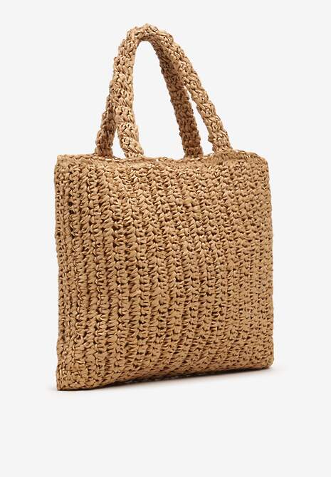 Ciemnobeżowa Duża Torebka z Plecionki Ozdobiona Napisem Degelia