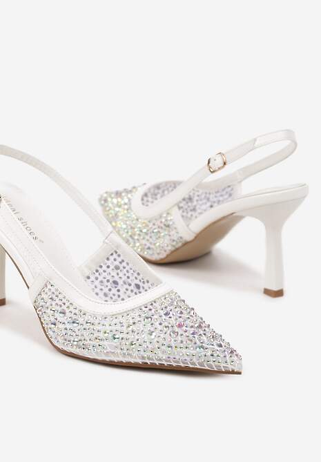Białe Czółenka na Szpilce Bez Pięty z Cyrkoniami Nevilyn