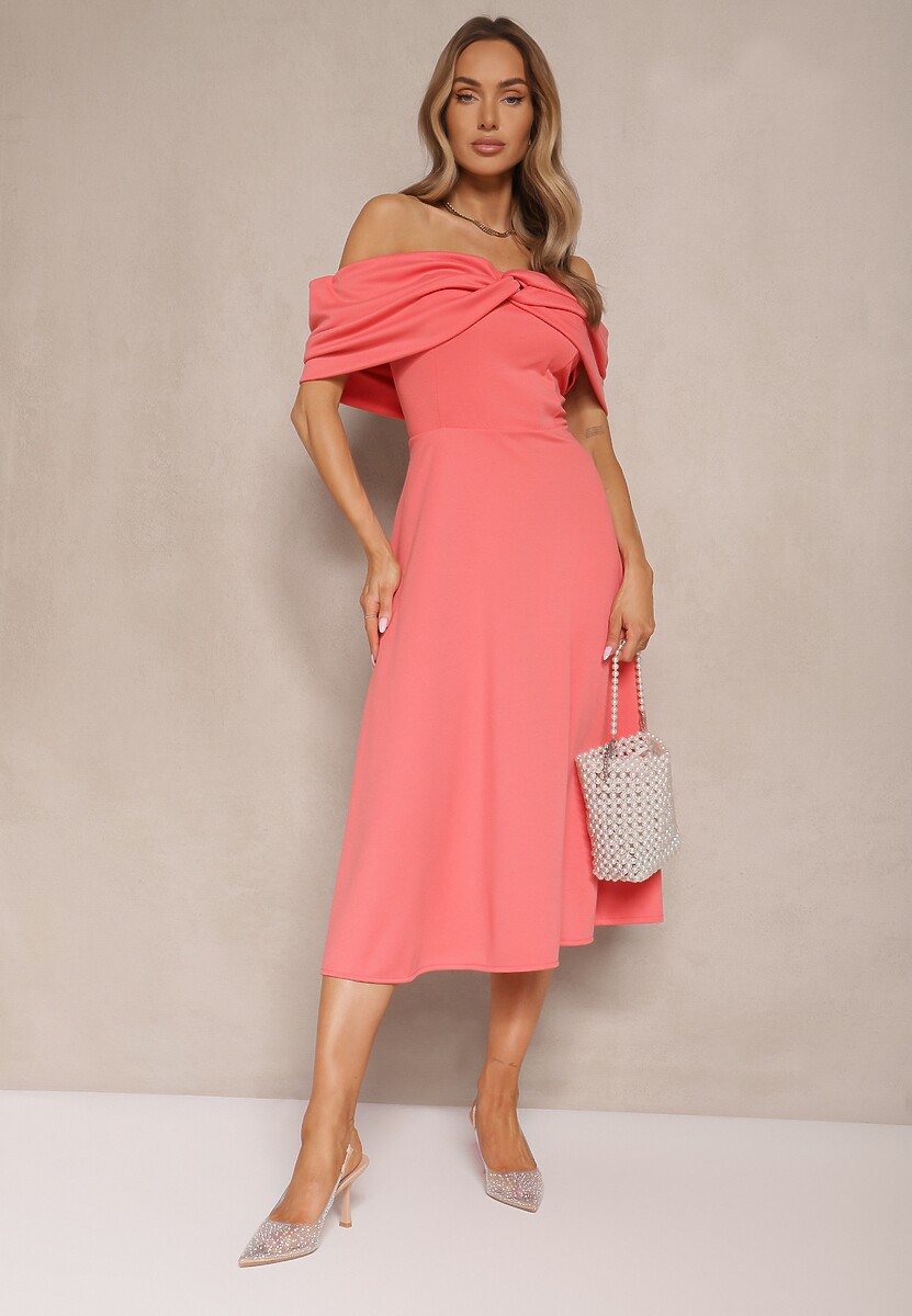 Pomarańczowa Sukienka Rozkloszowana Ozdobiona Kokardą Odarra