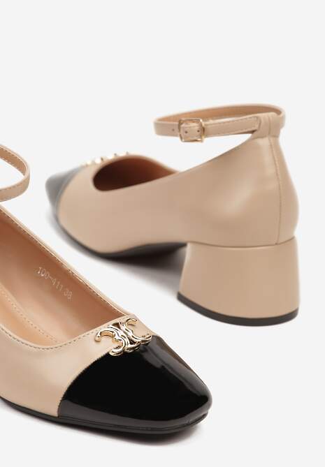 Beżowe Lakierowane Czółenka na Obcasie z Ozdobnym Noskiem i Paskiem Wokół Kostki Kolaria