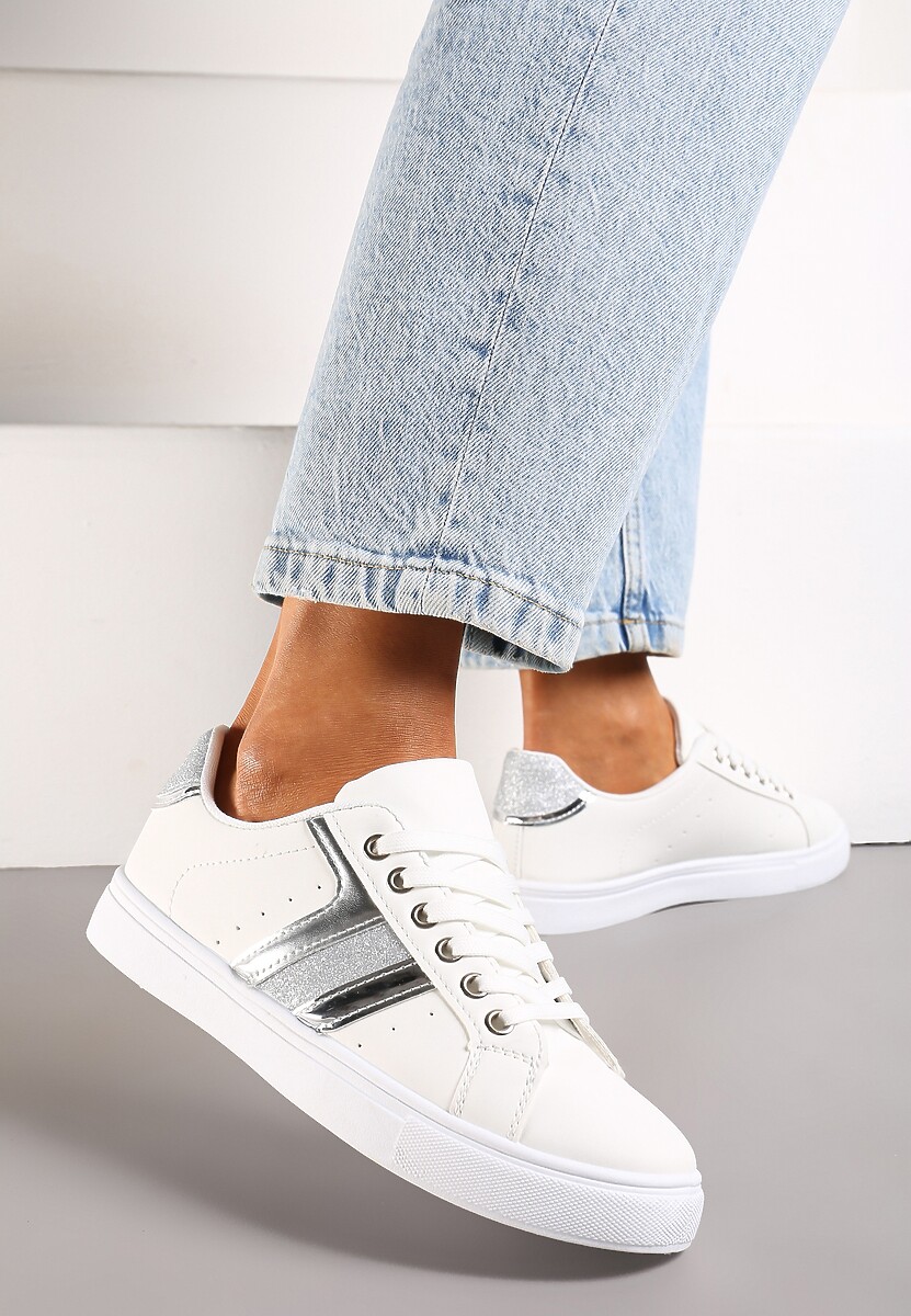 Biało-Srebrne Casualowe Sneakersy z Brokatem i Metalicznym Zdobieniem Tidalis