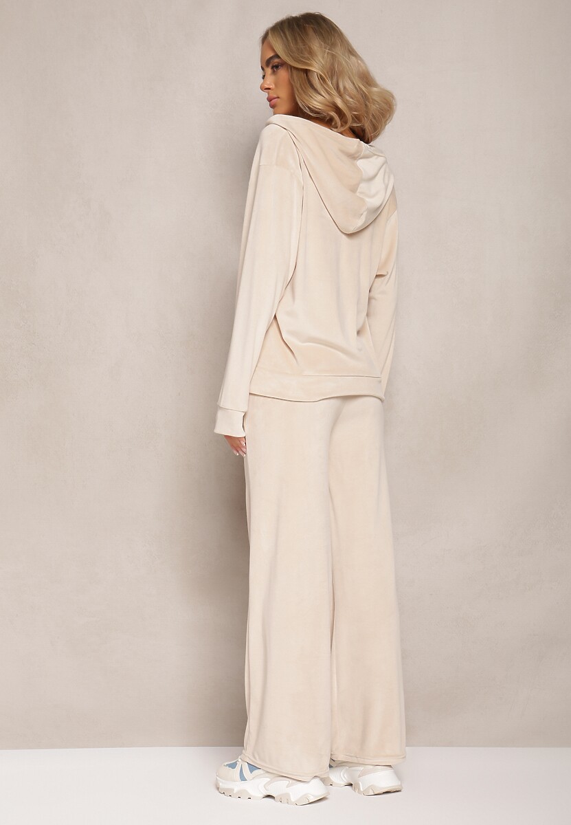 Jasnobeżowy Welurowy Komplet Dresowy z Bluzą i Szerokimi Spodniami Anelivs