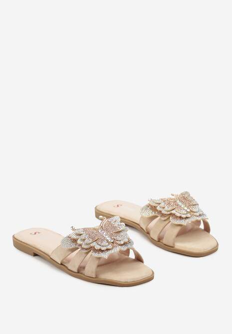 Beżowe Płaskie Klapki z Aplikacją z Cyrkonii w Kształcie Motylka Iladra