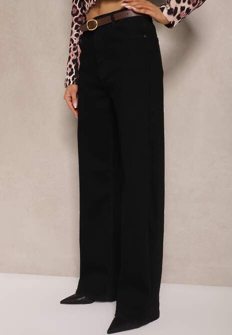 Czarne Jeansy z Dodatkiem Bawełny o Szerokim Kroju High Waist Azinay