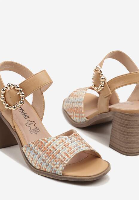 Beżowe Tweedowe Sandały na Obcasie ze Skórzaną Wkładką i Ozdobną Klamerką Ozvisa
