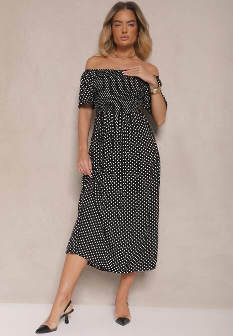 Czarna Bawełniana Sukienka o Rozkloszowanym Kroju Zdobiona Printem w Groszki Lisanovia