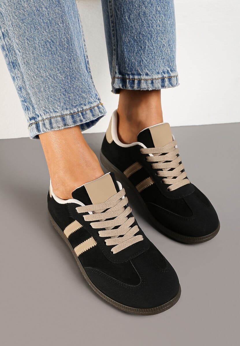 Czarne Casualowe Sneakersy z Ekozamszu na Płaskiej Podeszwie Pemeriana