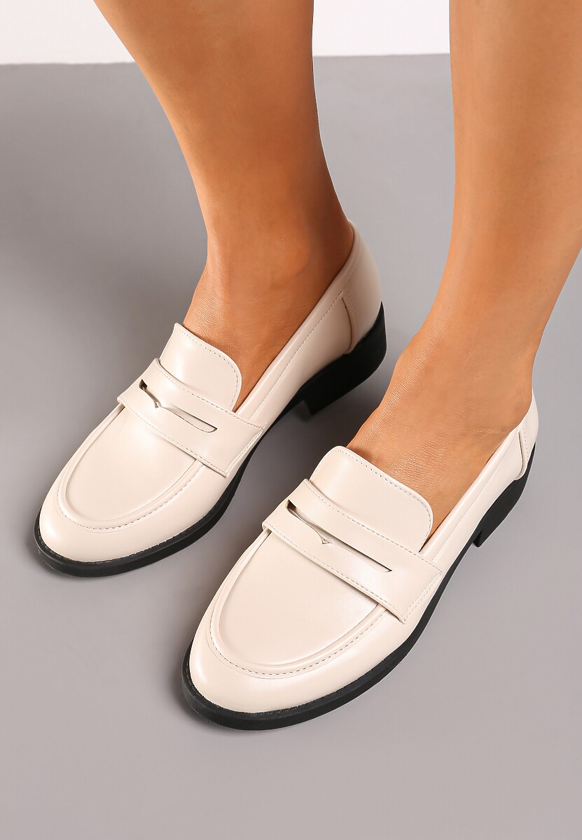 Beżowe Mokasyny na Płaskiej Podeszwie Wykończone Paskiem Ivista