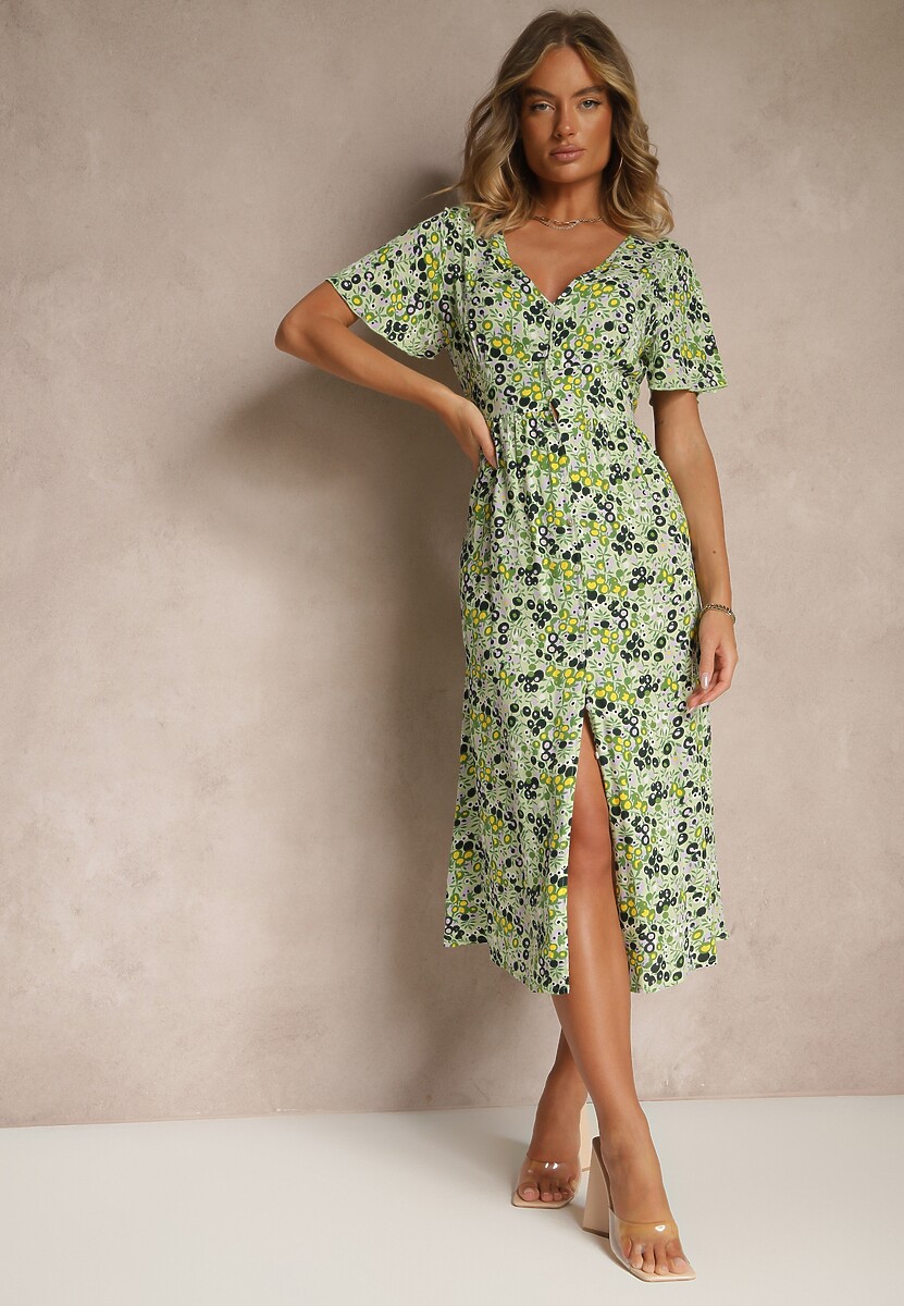 Zielona Wiskozowa Sukienka z Guzikami w Kwiecisty Wzór z Trójkątnym Dekoltem Neliafa