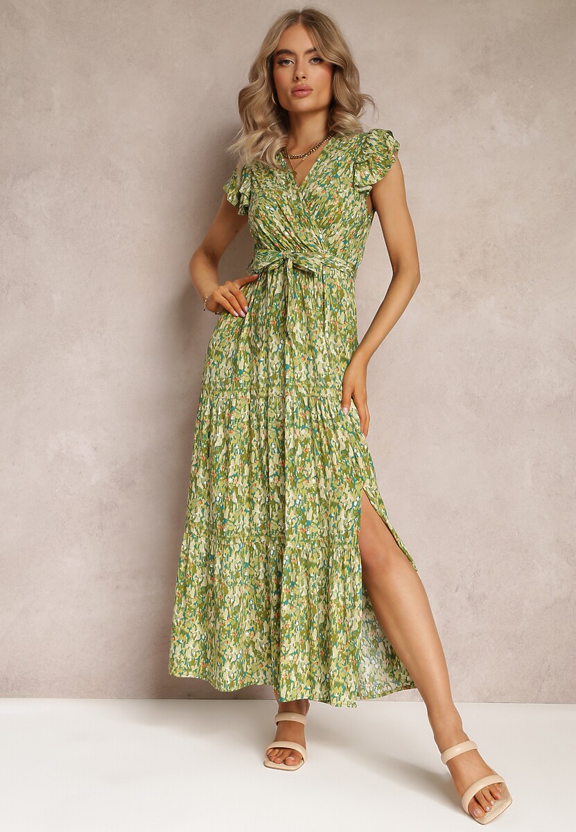 Zielona Rozkloszowana Sukienka z Gumką w Talii i Falbanką Samat