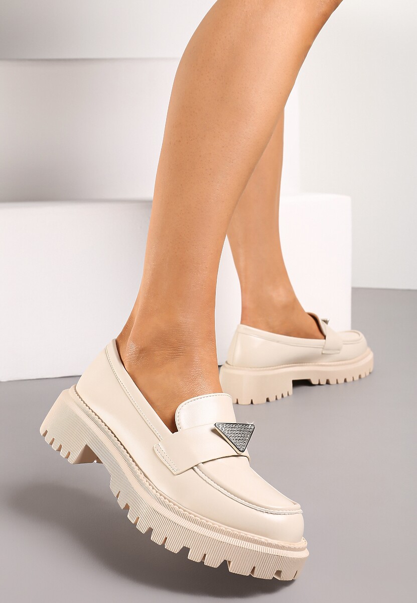 Beżowe Mokasyny z Ekoskóry na Grubej Podeszwie z Klamrą z Cyrkoniami Azzelia