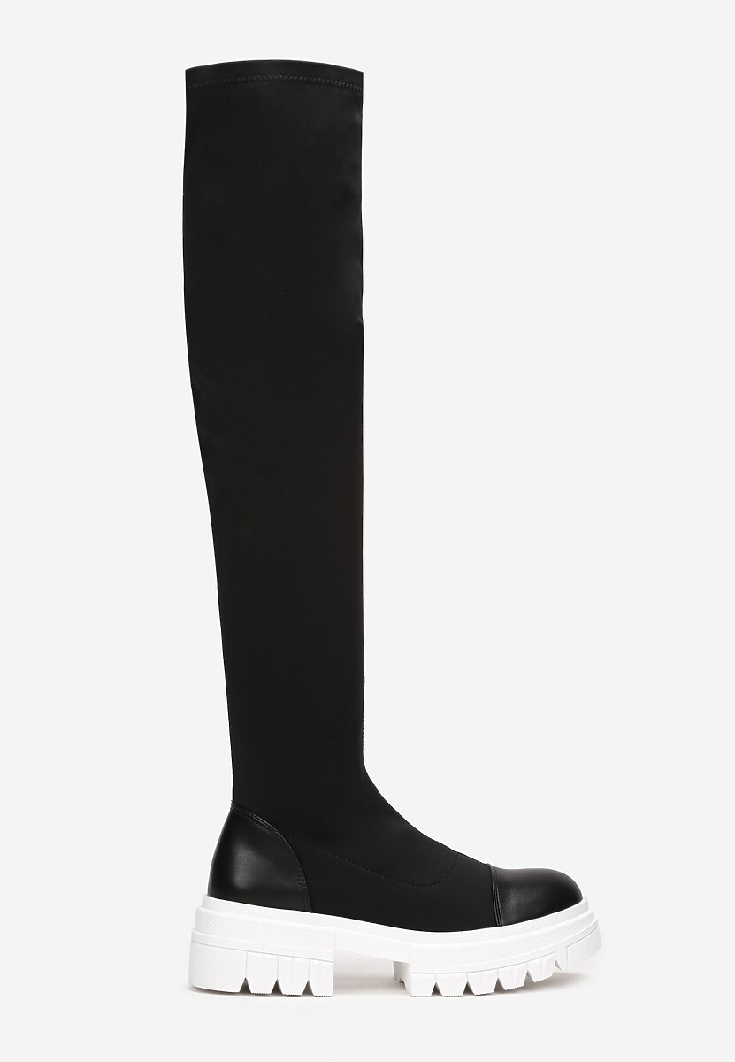 Czarno-Białe Kozaki za Kolano z Elastyczną Cholewką Penthiche