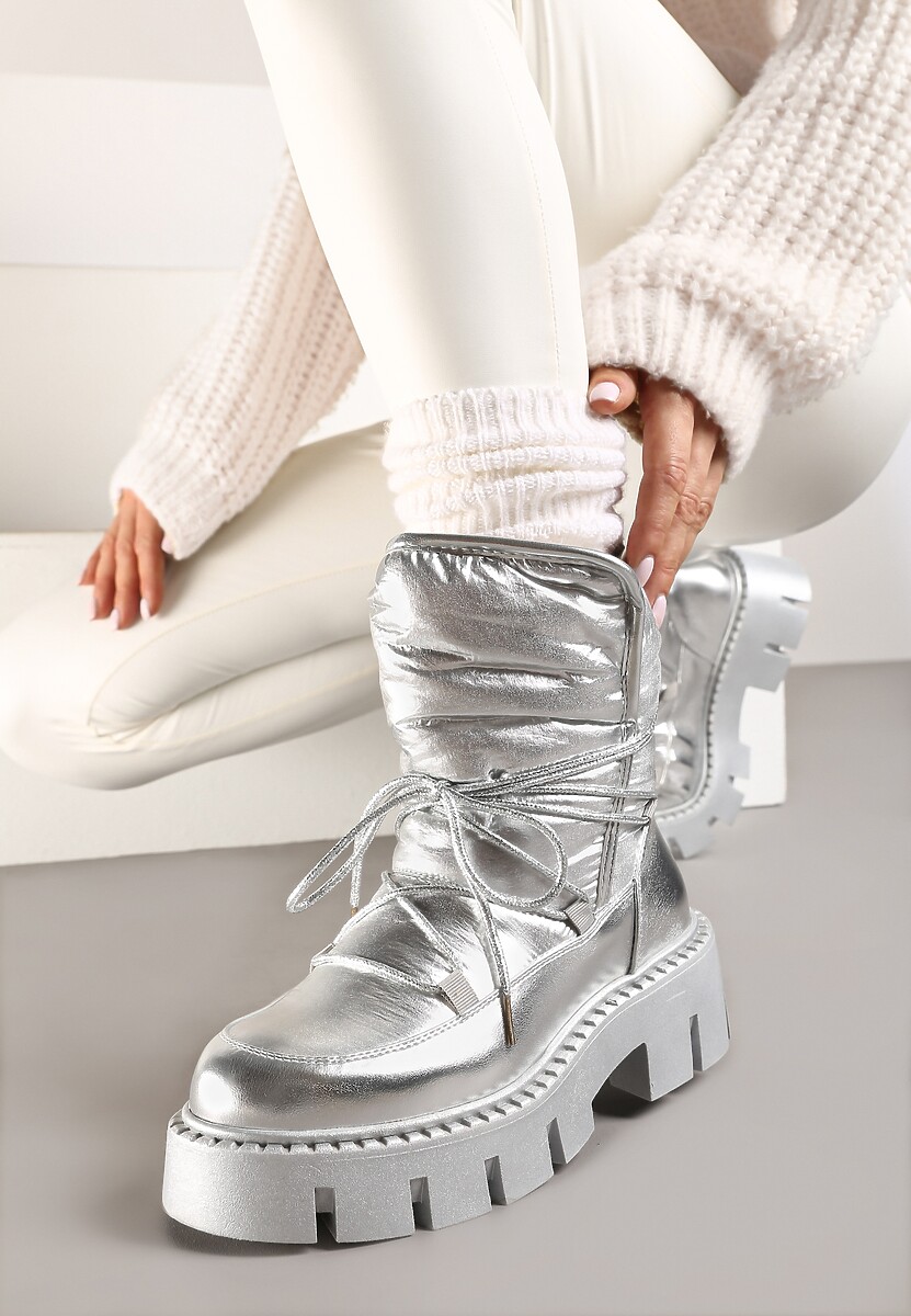 Srebrne Sznurowane Śniegowce na Platformie z Tłoczeniem Ozdobione Metaliczną Nicią Batirae