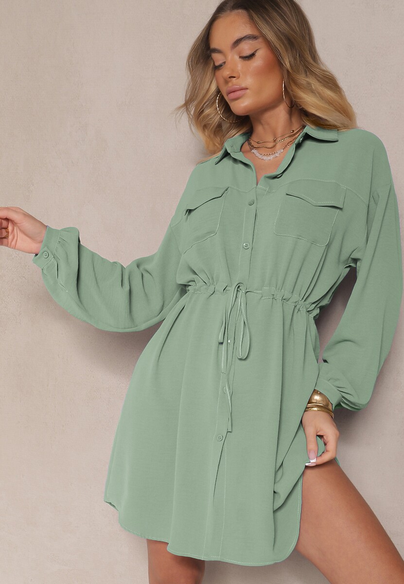 Różowa Sukienka Koszulowa z Bawełną Ozdobiona Wiązaniem Uladrisa