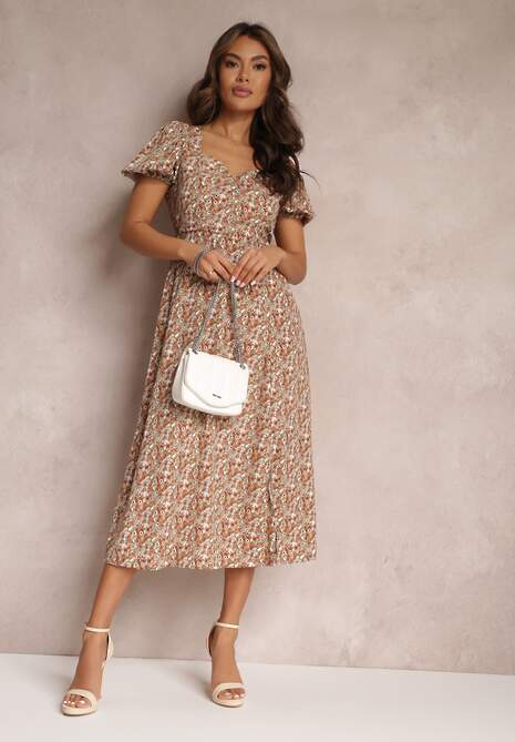 Beżowo-Zielona Rozkloszowana Sukienka Midi z Gumką w Pasie i Głębokim Dekoltem Lezly