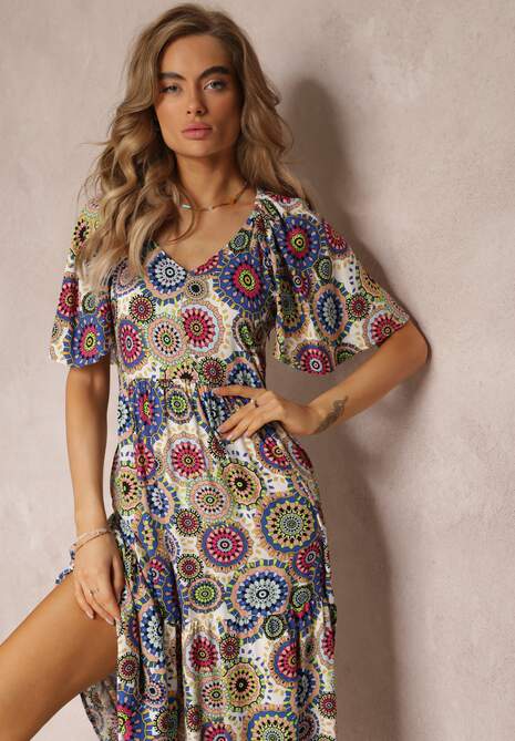 Biało-Granatowa Wiskozowa Sukienka Maxi w Kwiaty z Rozkloszowanym Dołem i Falbanką Pathna