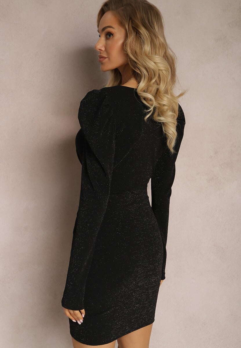 Czarna Połyskująca Sukienka Kopertowa Mini z Marszczeniem Fioras