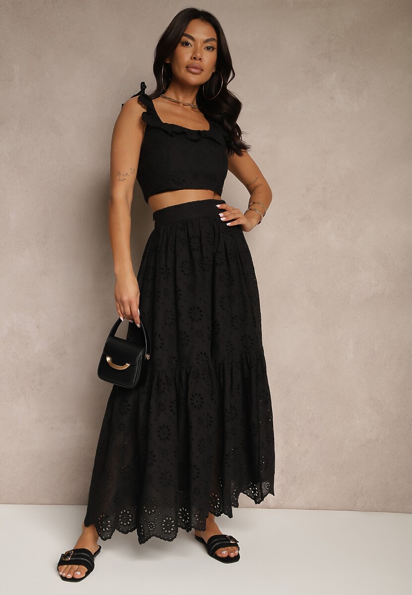 Biały Komplet Boho z Wiskozy Spódnica i Top z Falbanką Zdobione Haftem Natelea