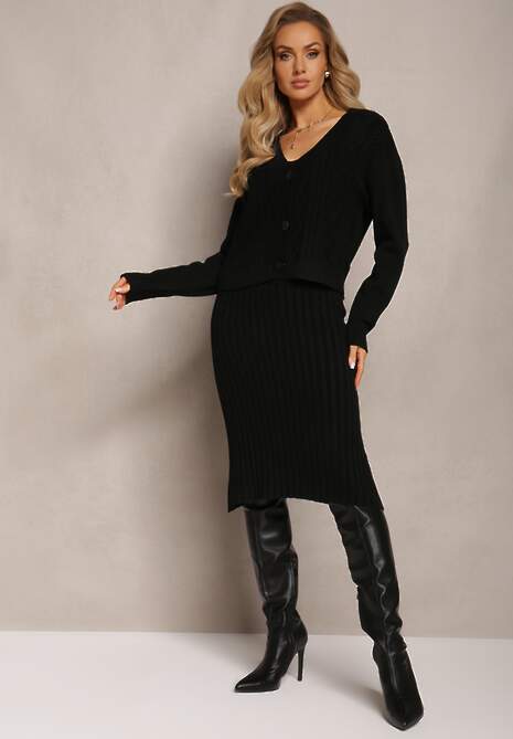Czarny Prążkowany Komplet Dzianinowy z Sukienką i Kardiganem Nalindrie