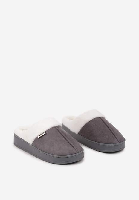 Szare Kapcie na Płaskiej Podeszwie z Futerkiem Lerivena