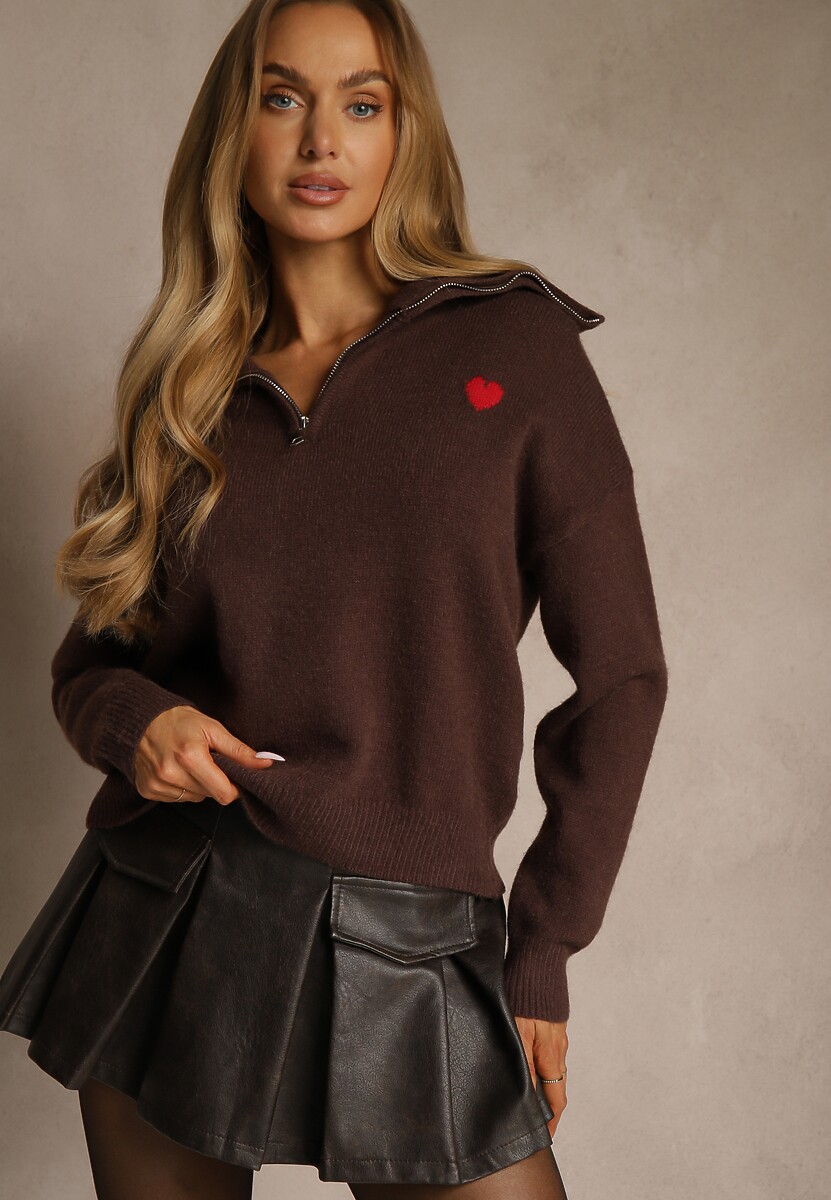 Brązowy Sweter z Wełną Wiskozą i Bawełną z Sercem Monisella