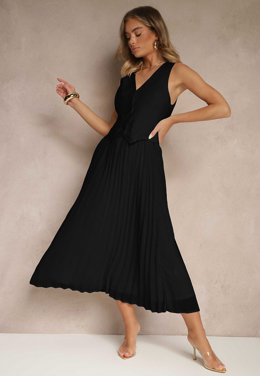 Czarna Wiskozowa Sukienka z Plisami i Wszytą Kamizelką Silitha