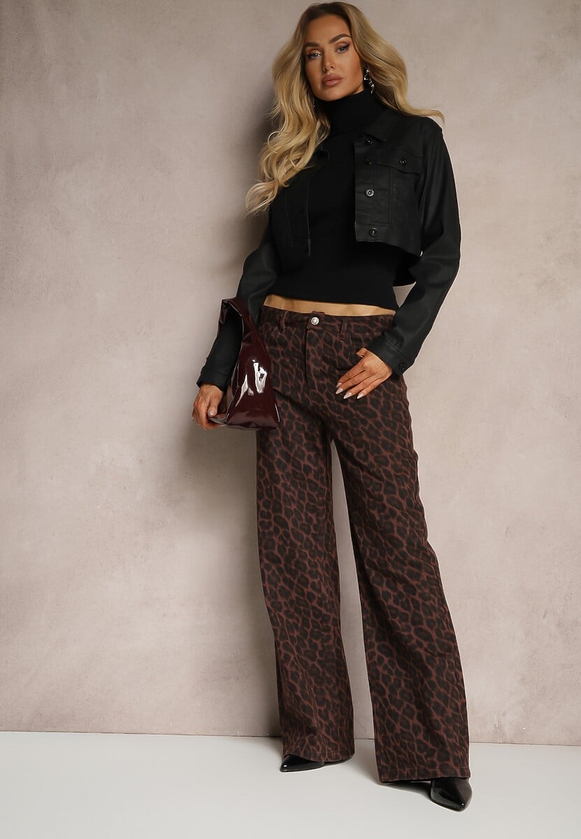 Brązowe Panterkowe Szerokie Spodnie z Bawełny Semiloria