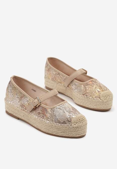 Beżowe Wężowe Espadryle z Plecionką i Paskiem Fevolise
