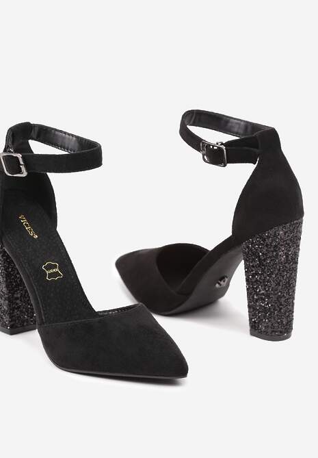 Czarne Czółenka Vices na Słupku z Brokatowym Obcasem i Paskiem Wokół Kostki Izalithea