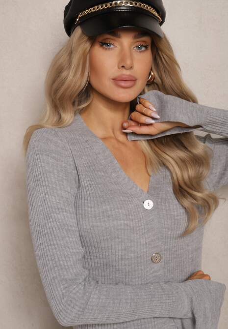 Szara Sweterkowa Prążkowana Sukienka o Dopasowanym Kroju z Guzikami Mertina