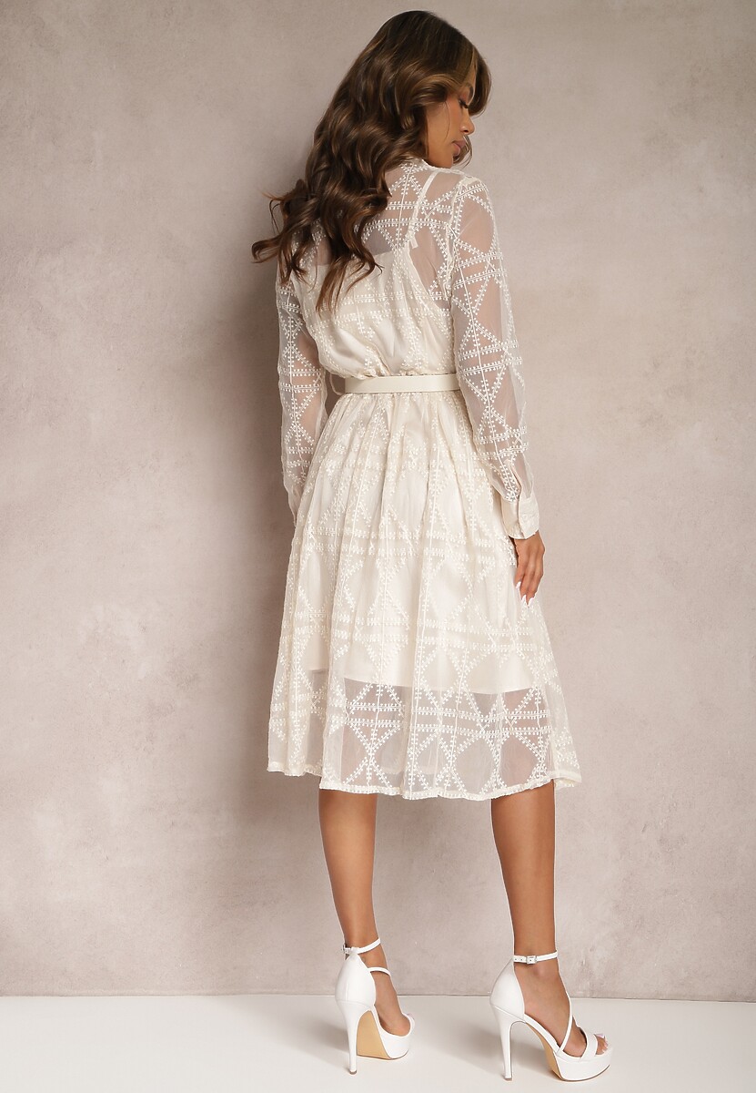 Jasnobeżowa Haftowana Sukienka Midi z Paskiem Binaela
